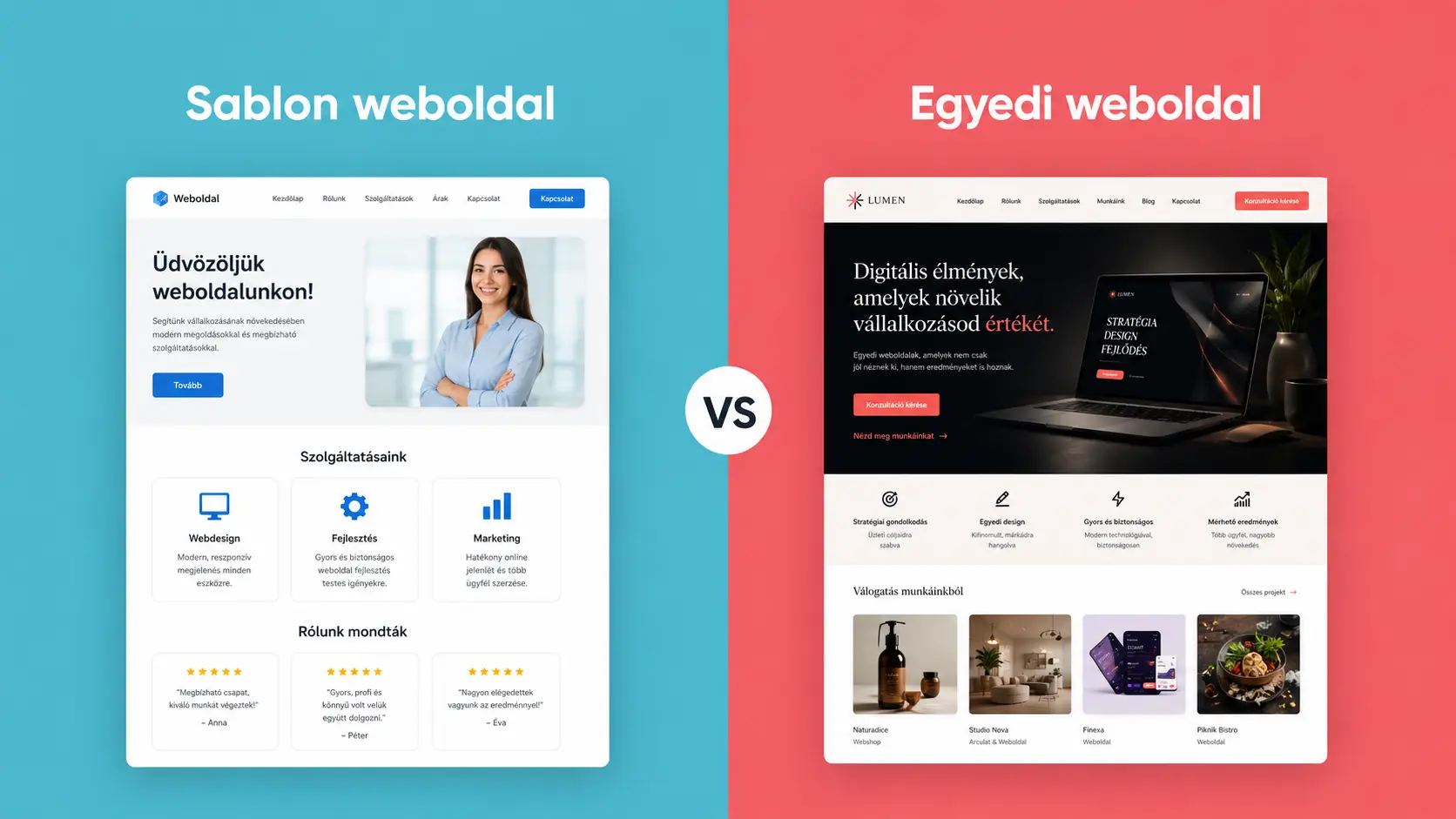 Sablonos weboldal és egyedi prémium weboldal vizuális összehasonlítása